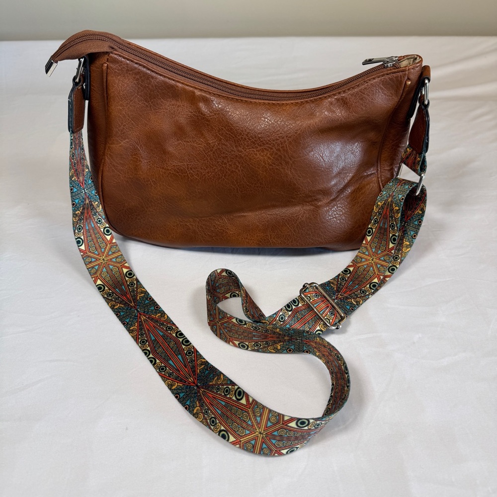 Chic Brown Faux Leather Shoulder Bag with Patterned Strap